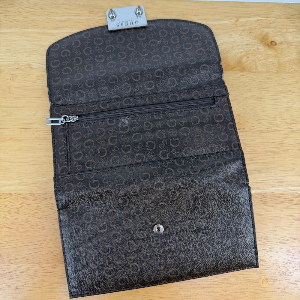 Guess Wallet Womens OS Brown Monogram Logo Slim Clutch Designer Classic Luxury